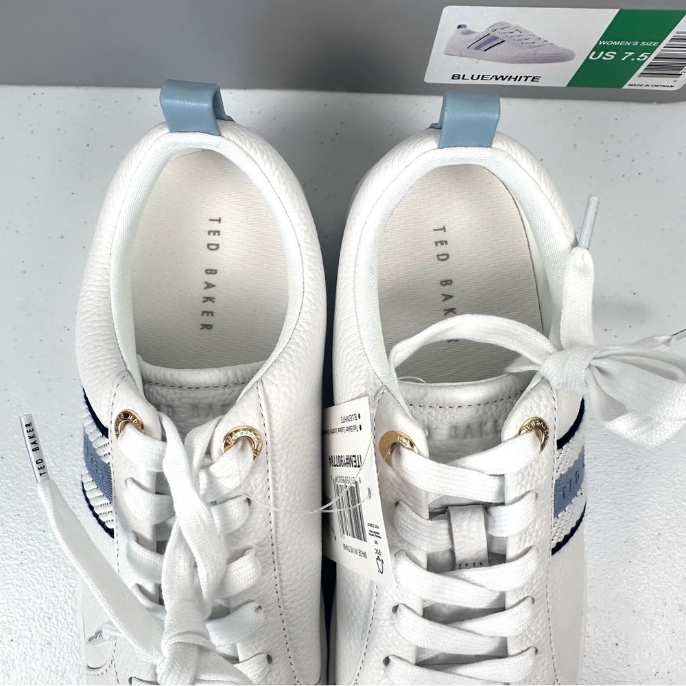 Ted Baker Bailey Icon Women’s 7.5 Classic Leather Tennis Shoe Blue Stripe New - Picture 9 of 13